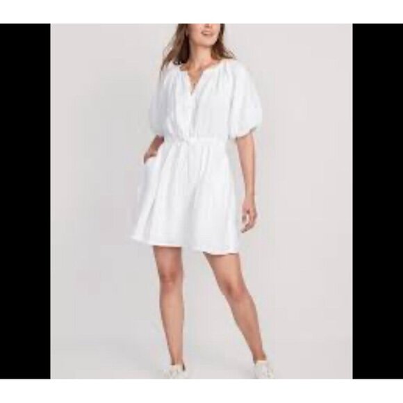 Old Navy Dresses & Skirts - Old Navy Dress Slub Cotton Gauze White Puff Sleeve Drawstring Waist Size XXL